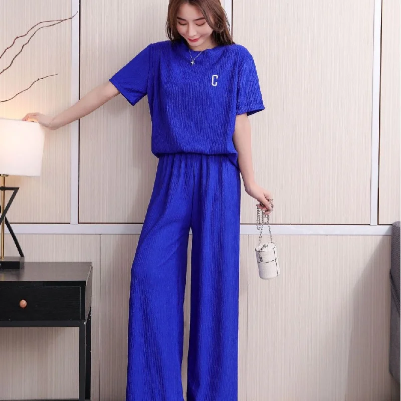 Southeast Asia Popular Chiffon Pleated Embroidery Suit Women's Summer Trousers Two-Piece Set Home Casual Fashion Set Suit Trousers luxurious high-end