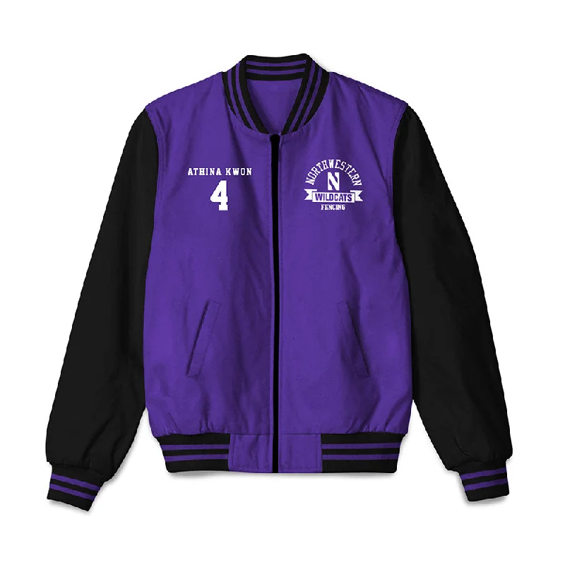 Northwestern - NCAA Women's Fencing : Athina Kwon - Bomber Jacket Denim Fabric Leather Fabric Suede Fabric