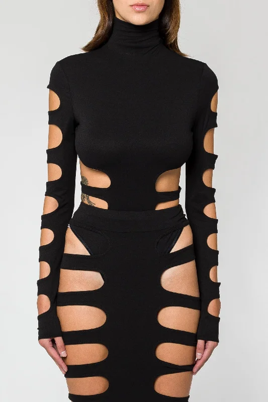 LaQuan Smith Mock Neck Bodysuit with Cutout Detail Fashionable Bodysuit with Button Detail