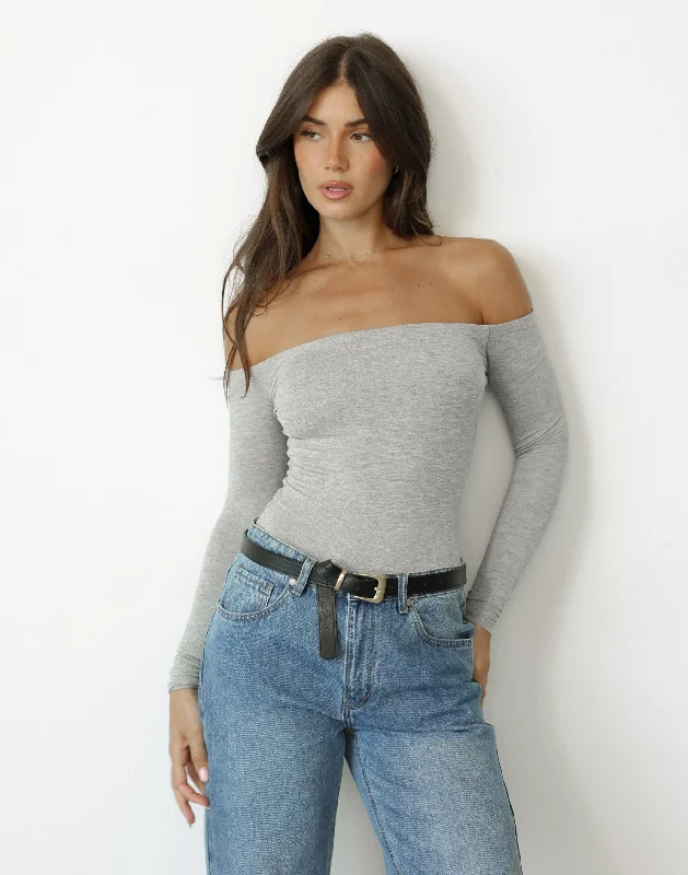 Iris Bodysuit (Grey Marle) Trendy Scoop Neck Bodysuit