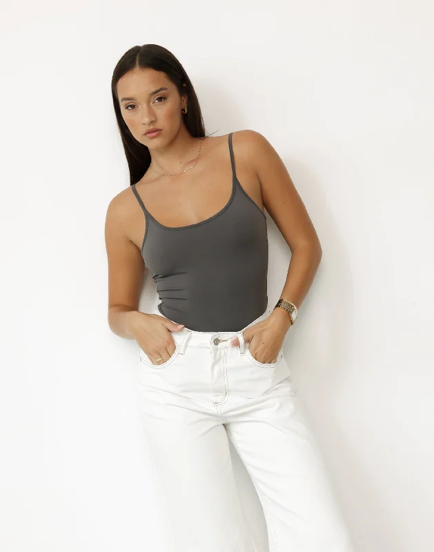 Leia Bodysuit (Charcoal) Trendy Bodysuit with Back Tie