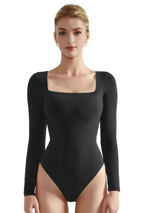 Buttery Soft Square Neck Bodysuit - Long Sleeve Fashionable Bodysuit with Button Front