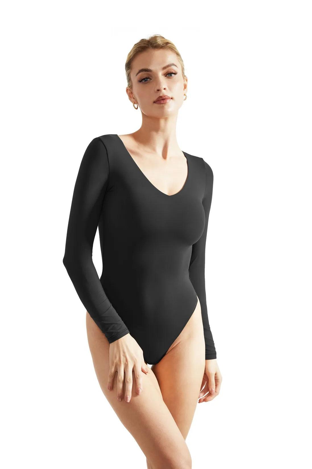 Buttery Soft V Neck Bodysuit - Long Sleeve Elegant Bodysuit with Belted Waist