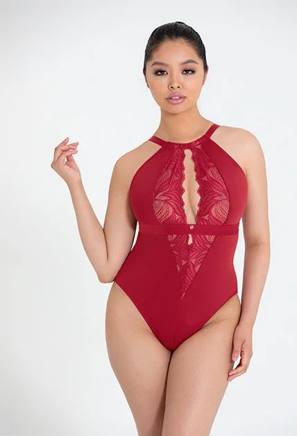 Indulgence Stretch Lace Bodysuit Red Fashionable Bodysuit with Button Detail