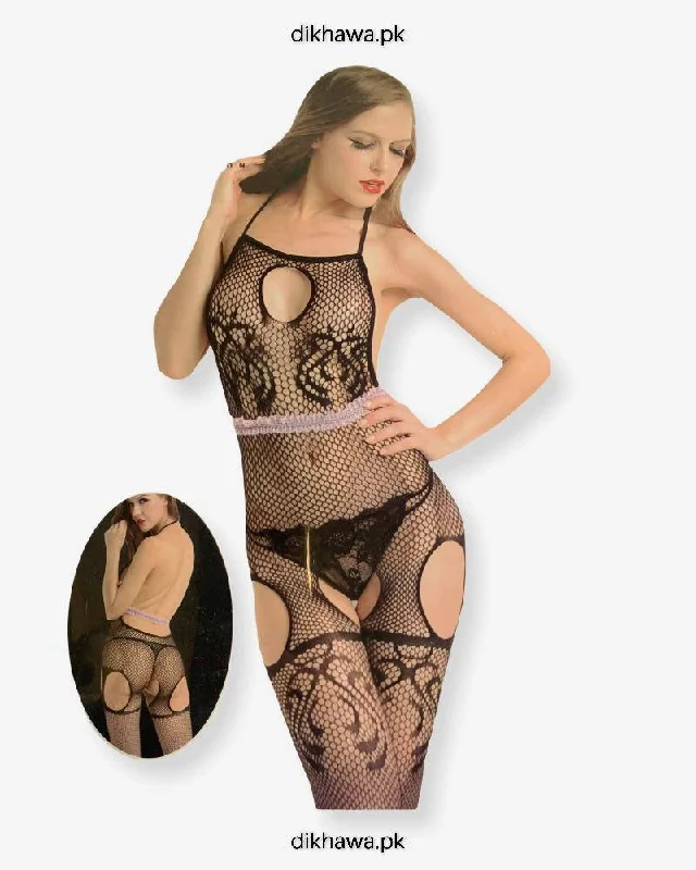 Hkmeair Khushi Print Sexy Net Bodystocking No 8908 Stylish Bodysuit with Faux Fur