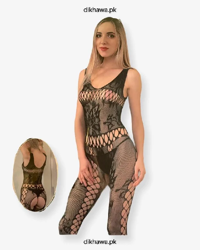 Hkmeair Khushi Print Sexy Net Bodystocking No H8247 Fashionable Bodysuit with Long Sleeves