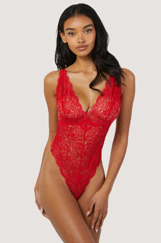 Adriana Red Lace Plunge Bodysuit Stylish Bodysuit with Lace Detail