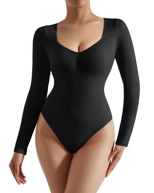 Ribbed V Neck Bodysuit - Long Sleeve Fashionable Cropped Bodysuit