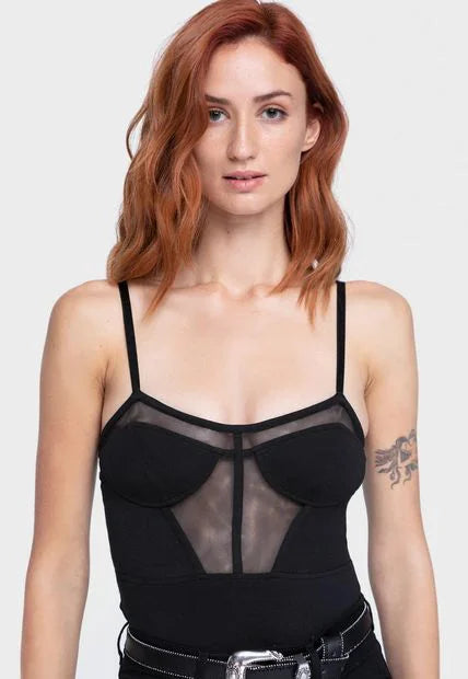 Sheer Spaghetti Straps Bodysuit - Casual Style - ONA SAEZ Stylish Draped Bodysuit