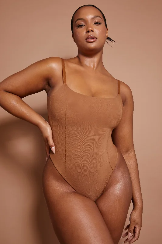 Soft Mesh Bodysuit in Almond Fashionable Bodysuit with Long Sleeves