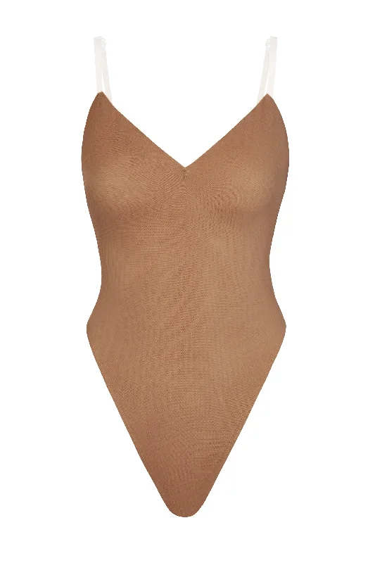 Soft Mesh V-Neck Bodysuit in Honey Fashionable Cropped Bodysuit