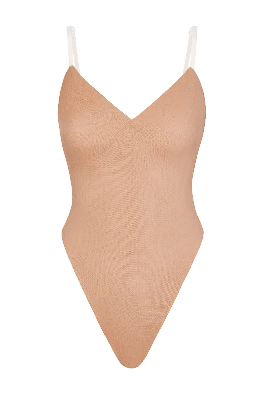 Soft Mesh V-Neck Bodysuit in Warm Peach Elegant Bodysuit with Floral Embroidery