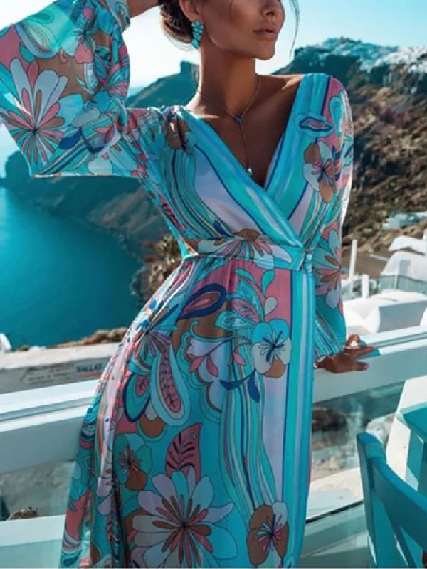 Beach Style Women Autumn Long Sleeve Elegant Party Dress Sexy Lady Deep V Neck Split Long Dress Retro Flower Print Loose Vestido Tunics Prom sequined