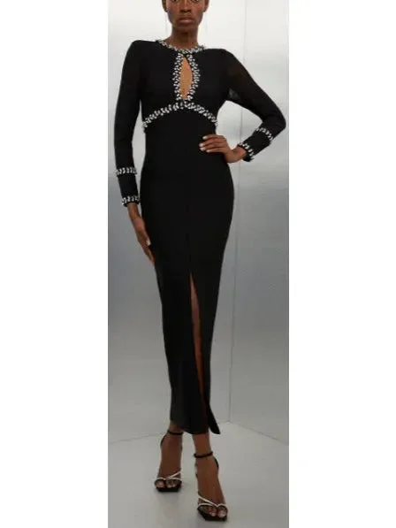 Black Fitted Crystal Embellished Long Evening Dress with Keyhole Tunics Vintage classic