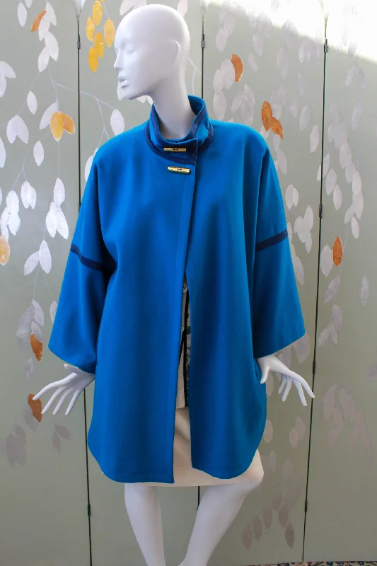 1980s Guy Laroche Blue Wool Coat, Large Draped Longline Jacket