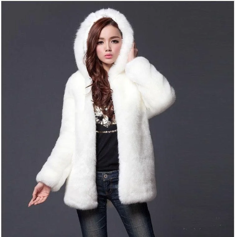 Faux fur women's hooded coat mid-length coat Puff Shoulder Coat