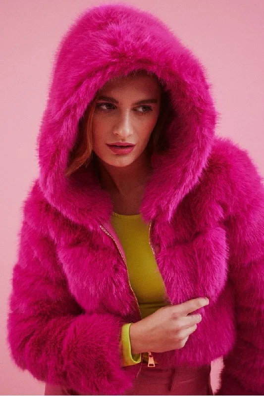 Fuchsia Hooded Bamboo Faux Fur Puffer Coat Elegant Wool Jacket