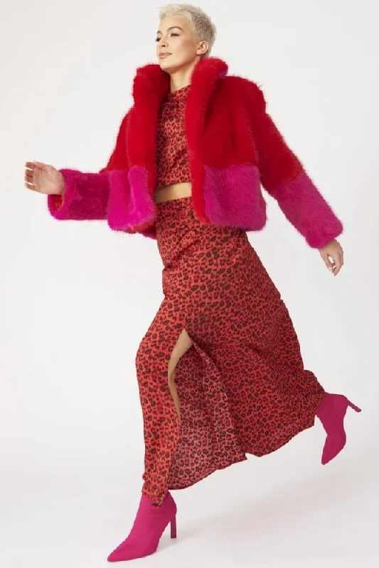 Red/ Pink Faux Fur Two Tone Double Cropped Coat Collared Pea Coat