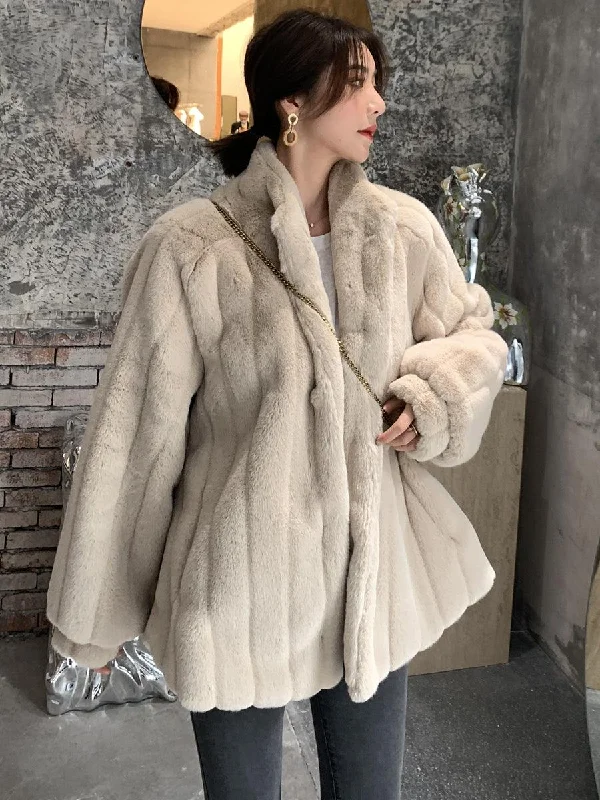 Lamb Fur Coat Stand Collar Fur Coat Plaid Checkered Coat