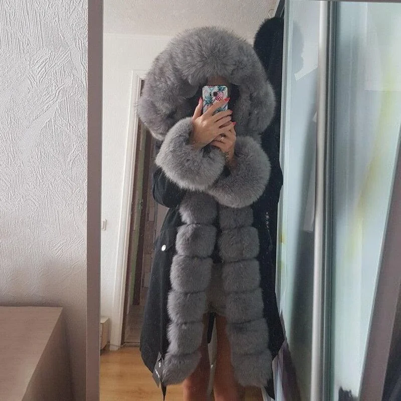 Luxury Waterproof Coat Made of Fox Fur Thick Layered Jacket