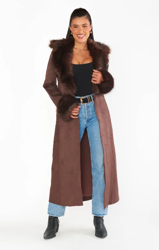 Penny Lane Long Coat ~ Cocoa Faux Suede with Faux Fur Luxe Satin Long Coat