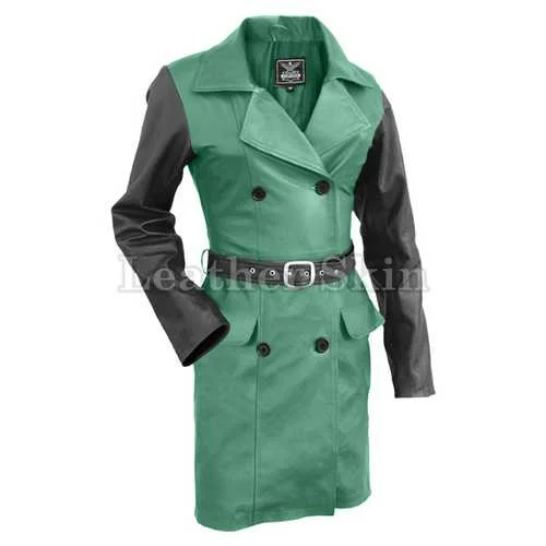 Women Green Leather Coat Pastel Wool Peacoat