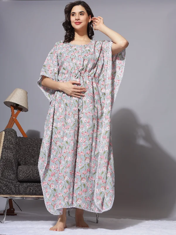 Printed Maternity Kaftan Night Dress With Concealed Nursing Access - Grey Tunics Stylish elegant