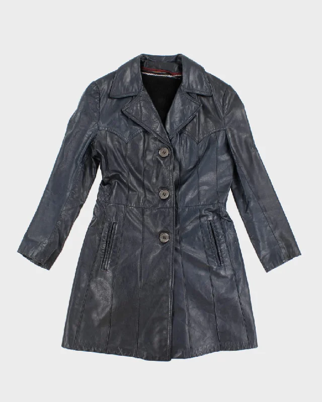 Vintage Navy Leather Fleece Lined Coat - S Casual Denim Jacket