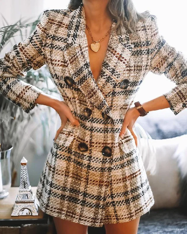 Women's Double-breasted Fashion Printed Plaid Woolen Coat Chic Oversized Blazer