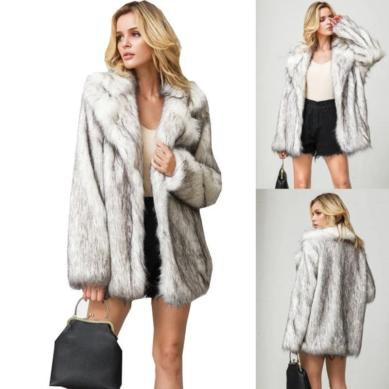 Women's warm mid-length faux fox fur coat Casual Open-Front Coat