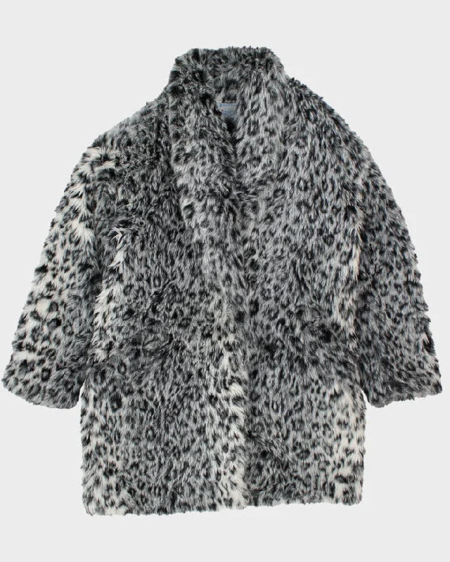 Y2k 00s Le Chateau Leopard Print Faux Fur Coat - L Hooded Raincoat Women