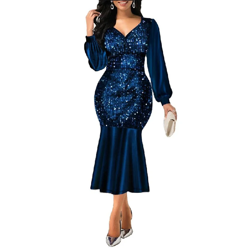 Amy Fashion - Sexy V Neck Sequin Evening Wedding Party Dress Tunics Fall fleece