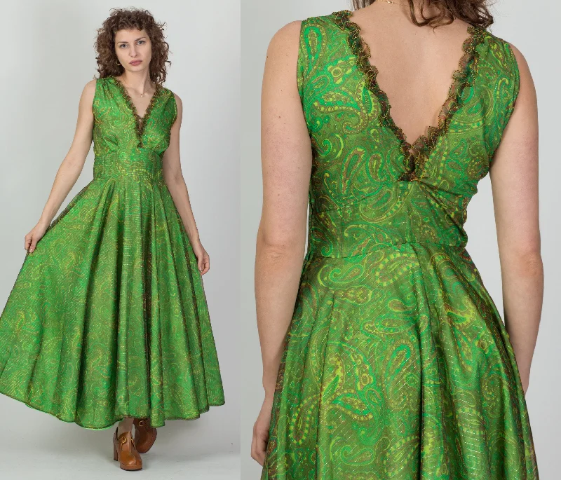 60s Green Paisley Metallic Chiffon Party Dress - Medium Sequined Elegant Party