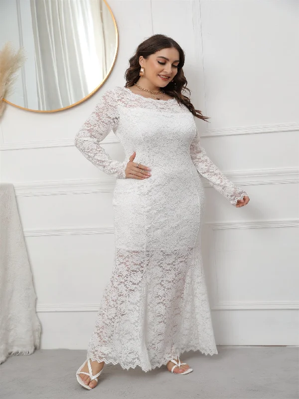 KittenAlarm - Plus Size Long Sleeve Mermaid Lace Evening Dress HIGH ELASTIC TRUE TO SIZE Tunics Yoga stretchy