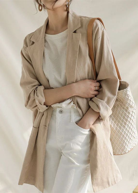 Apricot Patchwork Linen Coats Peter Pan Collar Long Sleeve Recycled Down Jacket