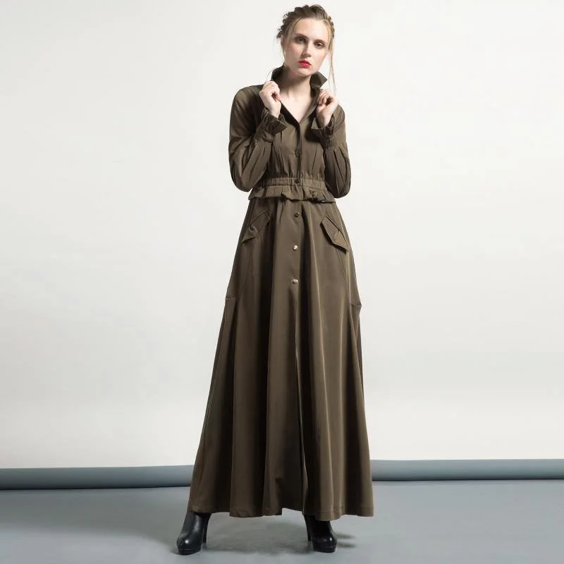 army green winter casual cotton blended trench coat outwear tunic fashion maxi coats Adjustable Waist Parka