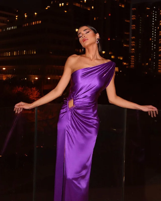 Purple One Shoulder Sexy Skinny Draped Sleeveless Sequin Slit Long Celebrity Party Dress Tunics Custom made