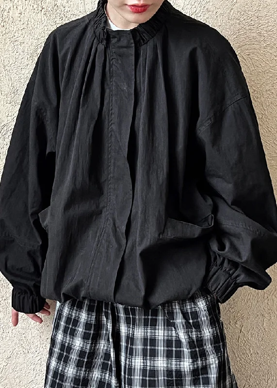 Black Stand Collar Wrinkled Coat Fall Oversized Teddy Coat