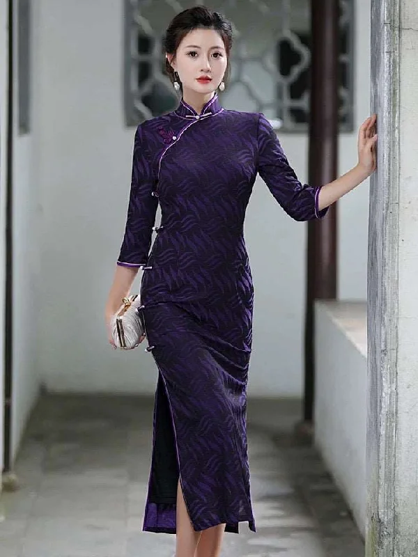 Modern  Chinese Cheongsam, Evening Dress, Ball Gown, dark purple color, Mandarin collar, 3/4 Sleeve Tunics Floral girly