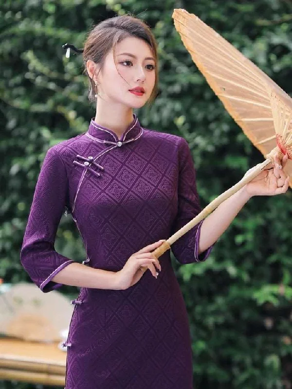 Modern Chinese Qipao, Chinese Cheongsam Dress, Evening Dress, Ball Gowns, purple Dresses, 3/4 sleeve, mandarin collar Crew Neckline Sporty