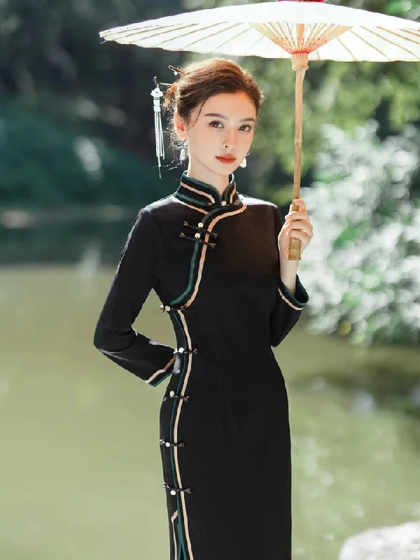 Modern Chinese Qipao, Chinese Cheongsam Dress, Ball Gowns, Long Evening Dresses, black jacquard dress, 3/4 sleeve, mandarin collar Crew Neckline Casual