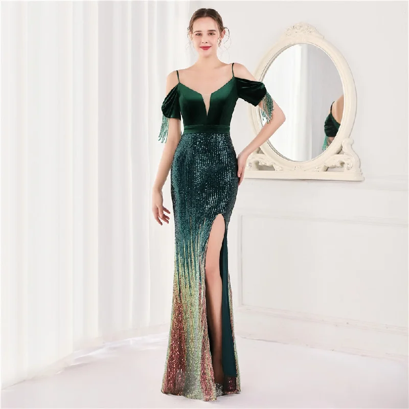 BerriesJam - Elegant Beading Spaghetti Strap Velvet Formal Evening Dress A-Line Day Work