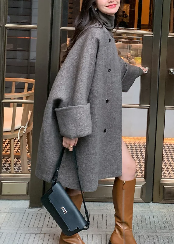 Elegant Grey O-Neck Button Woolen Coats Long Sleeve Buttoned Peplum Coat