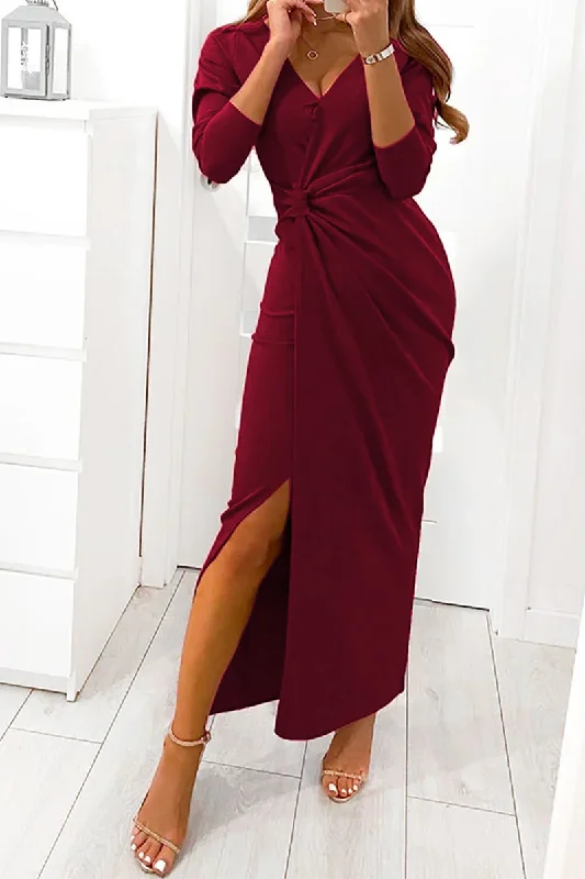 Elegant Solid Slit Fold V Neck Evening Dress Dresses(4 Colors) Tunics Luxurious premium