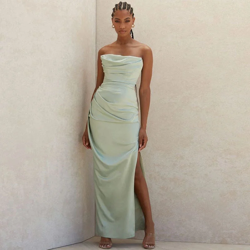 BerryBetty - Cowl Neck Strapless Slit Maxi Evening Dress - Green empire Waist empire