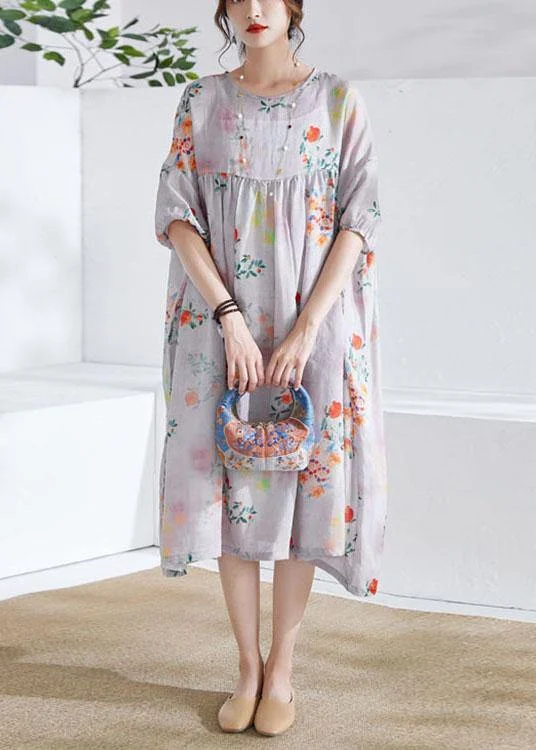 Grey lantern Sleeve Patchwork Print Summer Ramie Party Dress Half Sleeve Tunics Practical easy-care