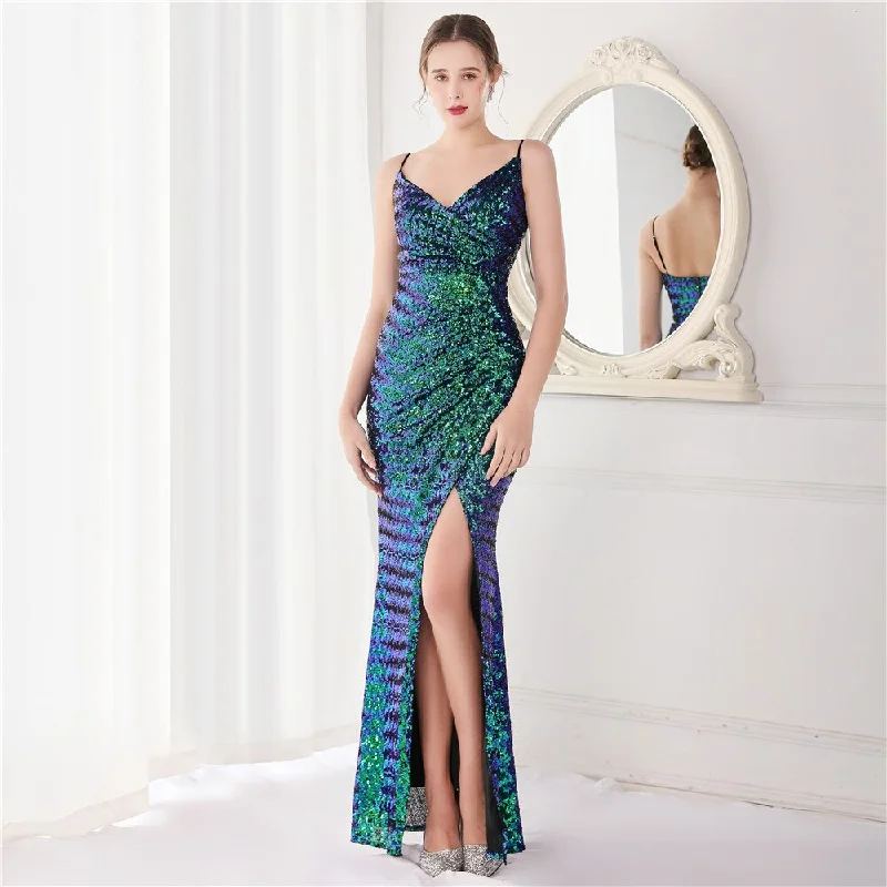 BerriesJam - High Slit Sequin Backless Sleeveless Formal Evening Dress Peplum Ruffle Cocktail