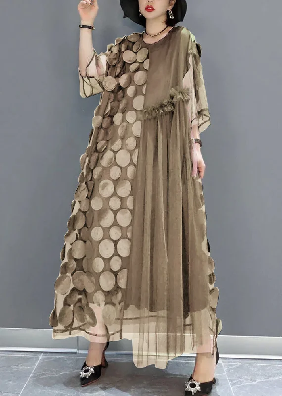 Khaki Tulle Party Dresses O-Neck Asymmetrical Half Sleeve Tunics Bestseller popular