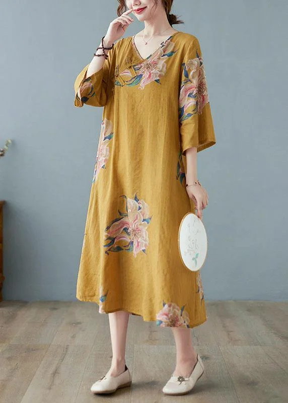 Loose Yellow Casual V Neck Print Summer Party Dresses Half Sleeve Tunics Velvet soft