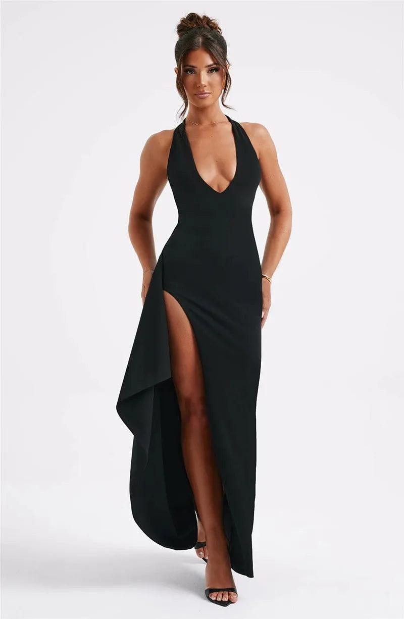 Low Cut Leg Slit Maxi Bodycon Evening Dress Tunics Summer linen